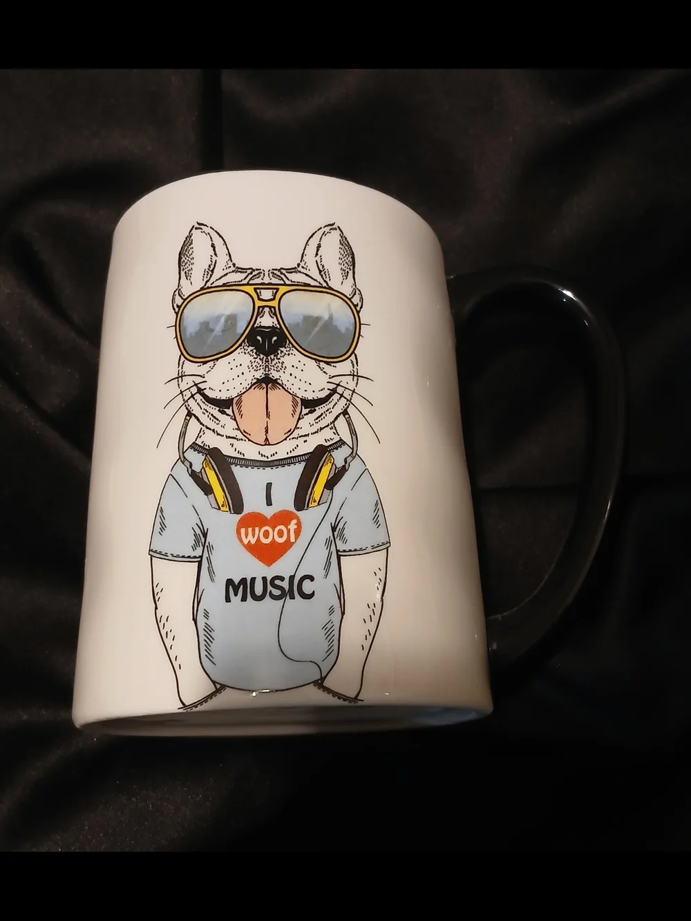 White Dog Graphic Coffee Mug with Black Handle - Cute 'Woof Music' Design